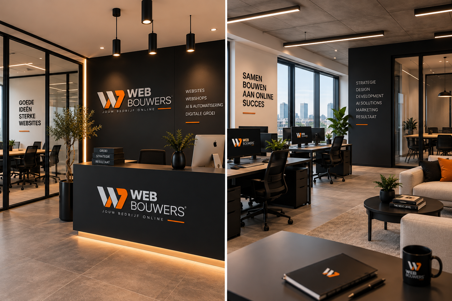 Receptie en werkruimte van het kantoor van Web Bouwers