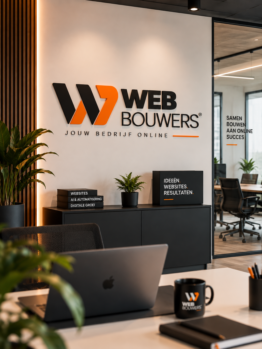 Werkplek van Web Bouwers met het bedrijfslogo aan de wand