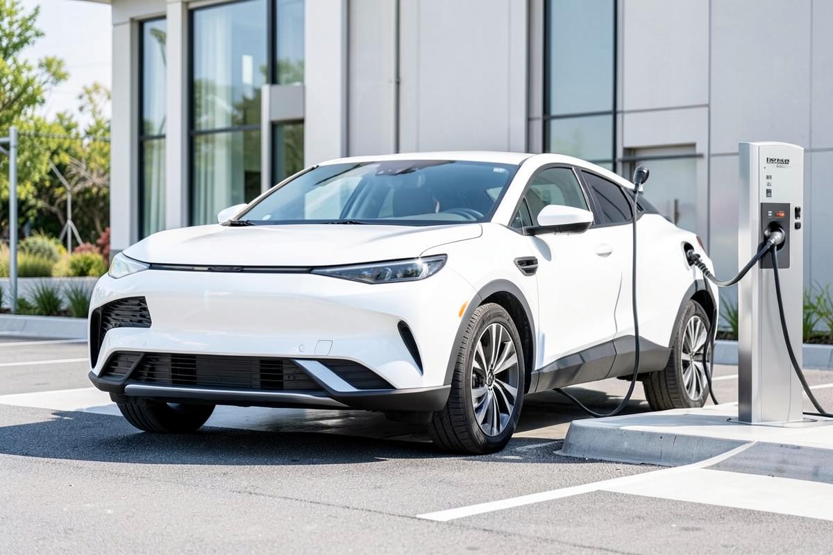 Witte elektrische auto aan de laadpaal