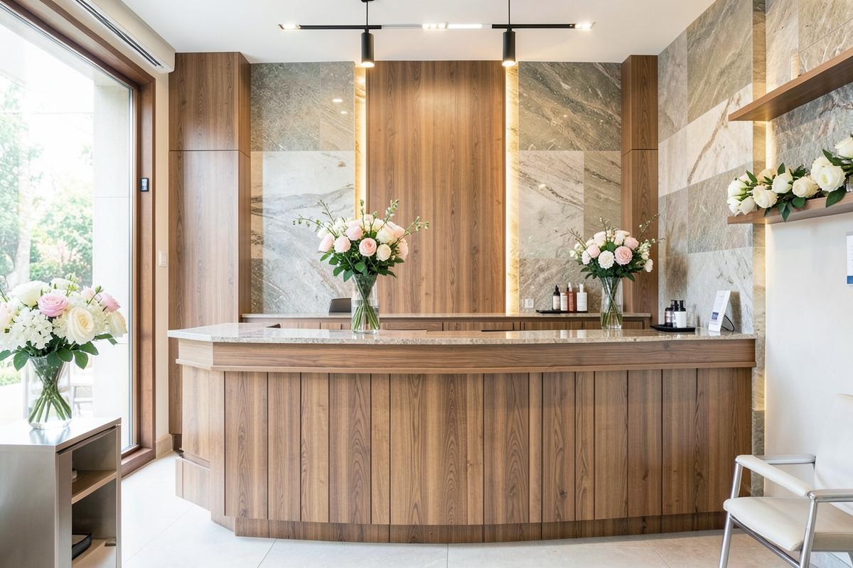 Ontvangstbalie van de salon met verse bloemen