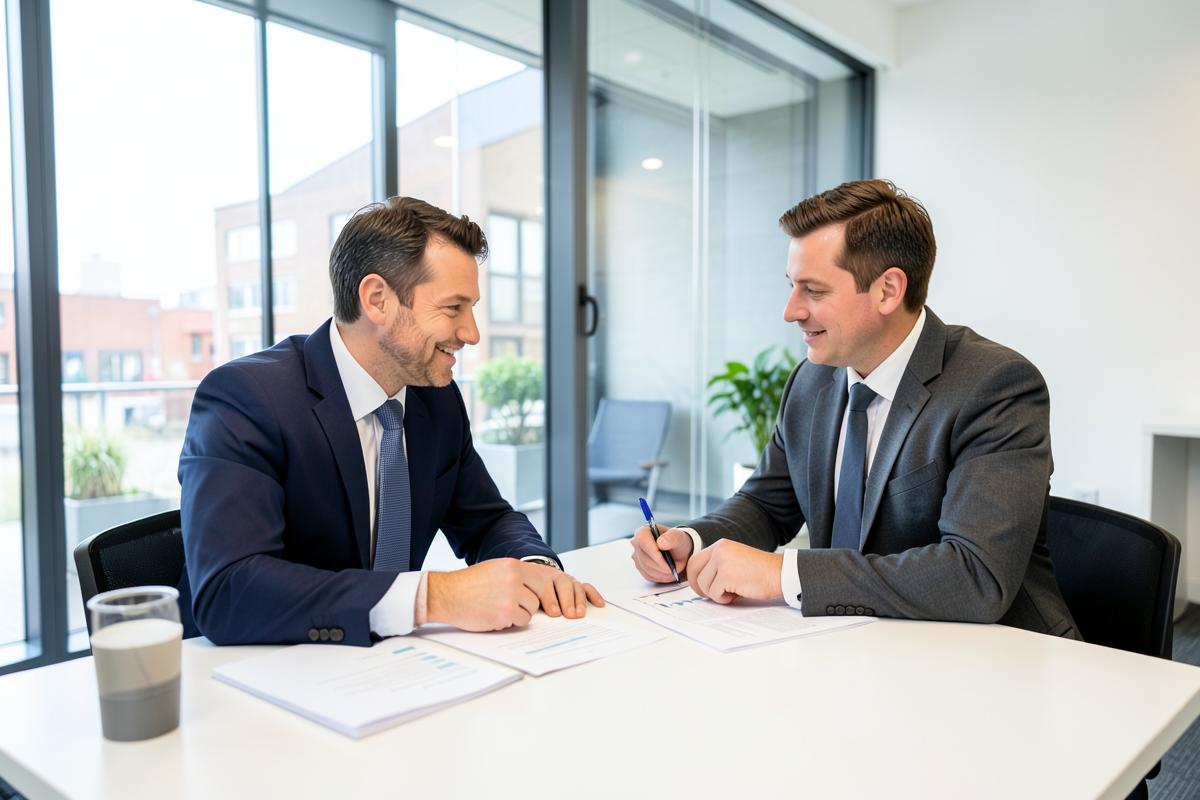 Twee adviseurs bespreken cijfers aan een lichte tafel