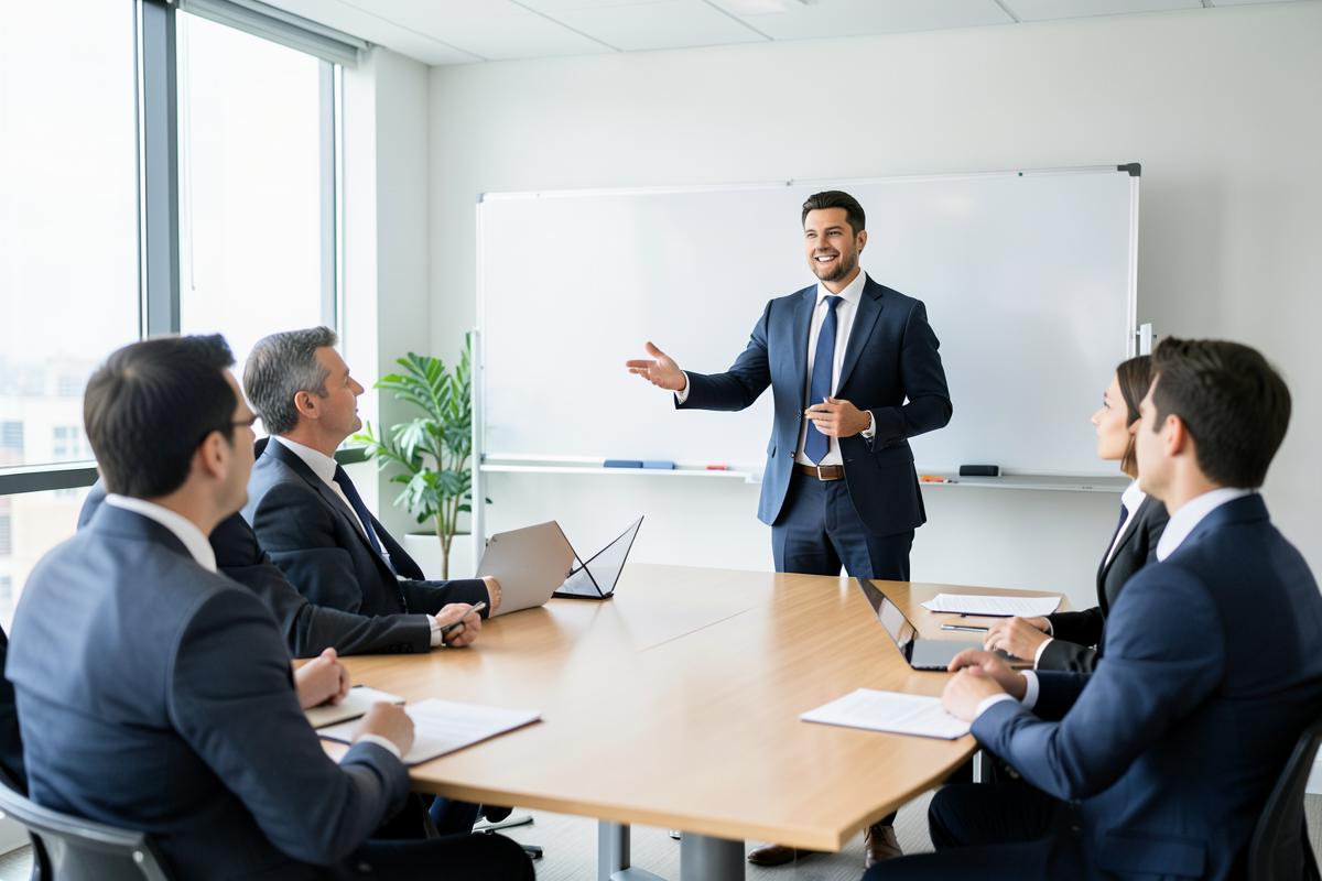 Presentatie aan een managementteam in een vergaderzaal