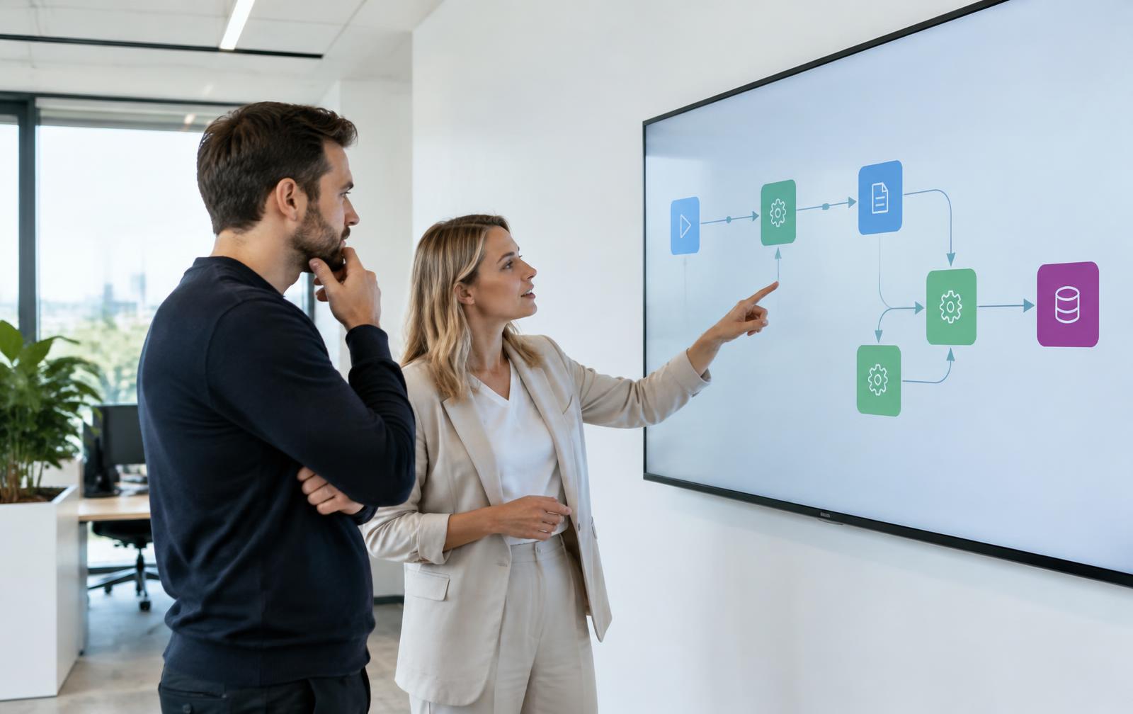 Twee specialisten bekijken een automatiseringsstroom op een groot wandscherm
