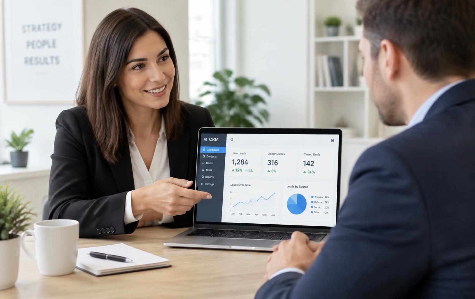 Adviseur laat een klantoverzicht met leads en resultaten zien op een laptop