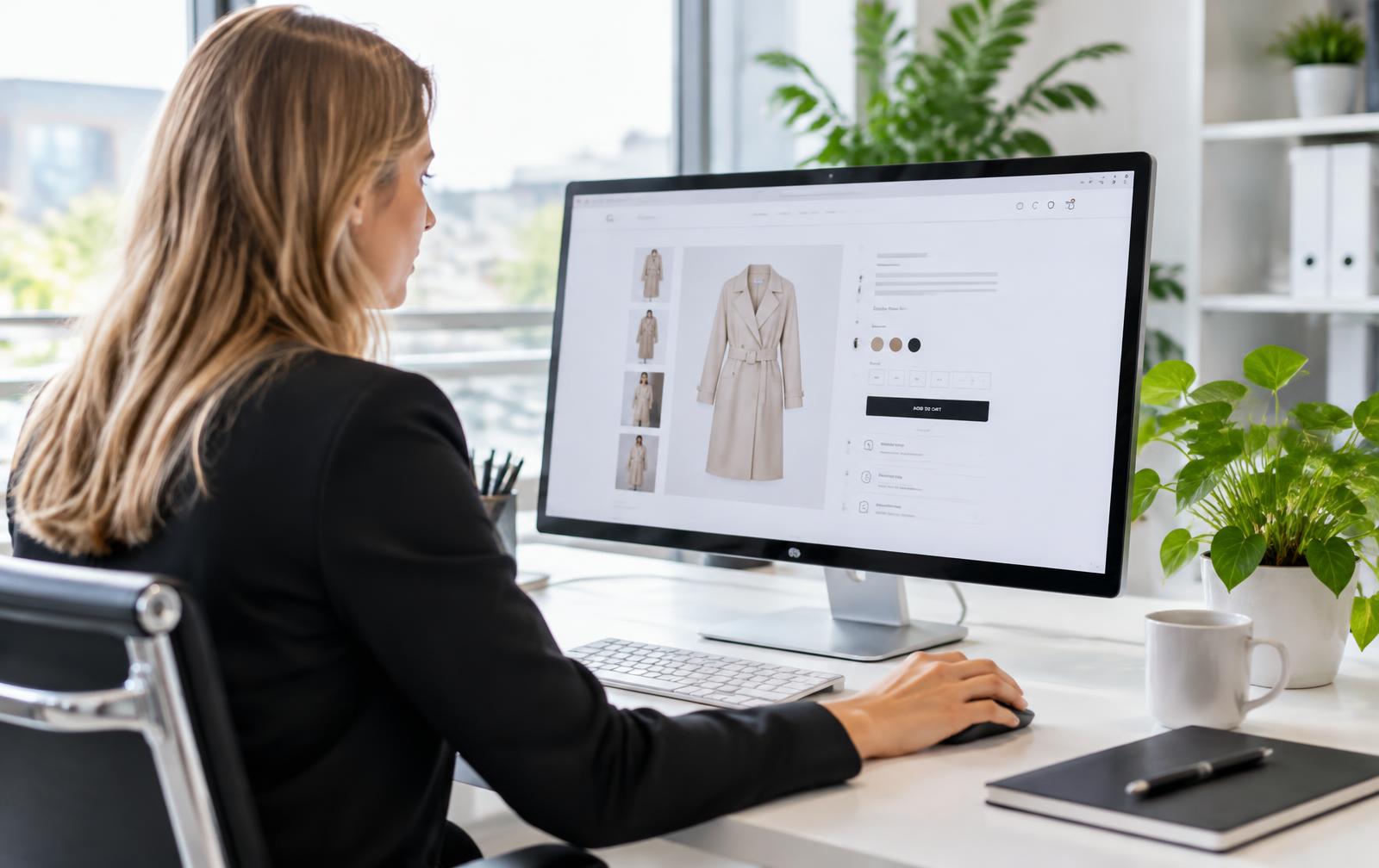 Specialist beoordeelt een productpagina van een webshop op een groot scherm