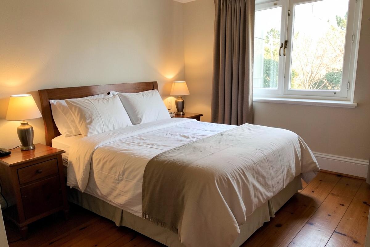 Hotelkamer met linnen beddengoed en houten vloer