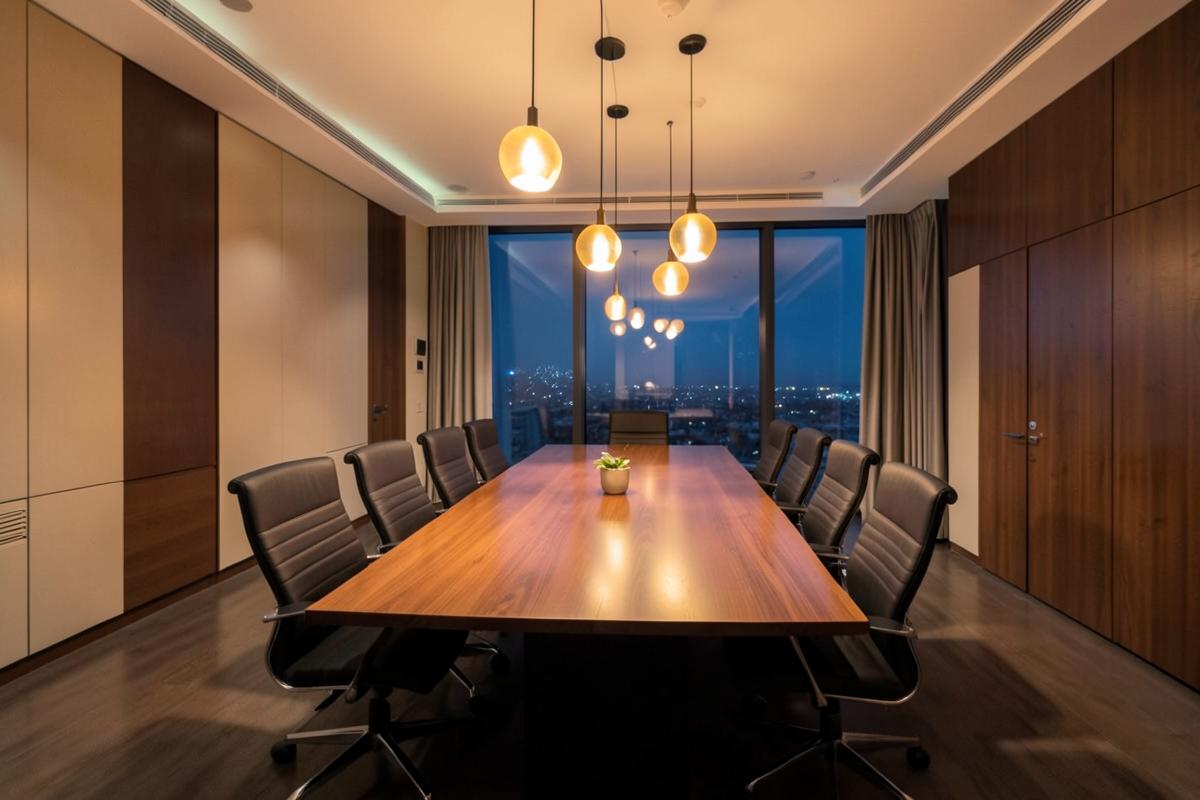 Vergaderzaal met lange houten tafel en warme lampen
