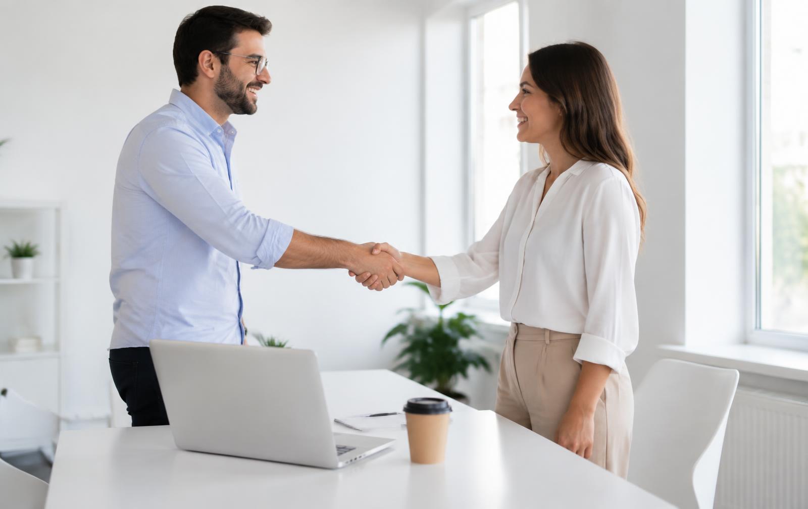 Nieuwe klant en Web Bouwers geven elkaar een hand na het startgesprek