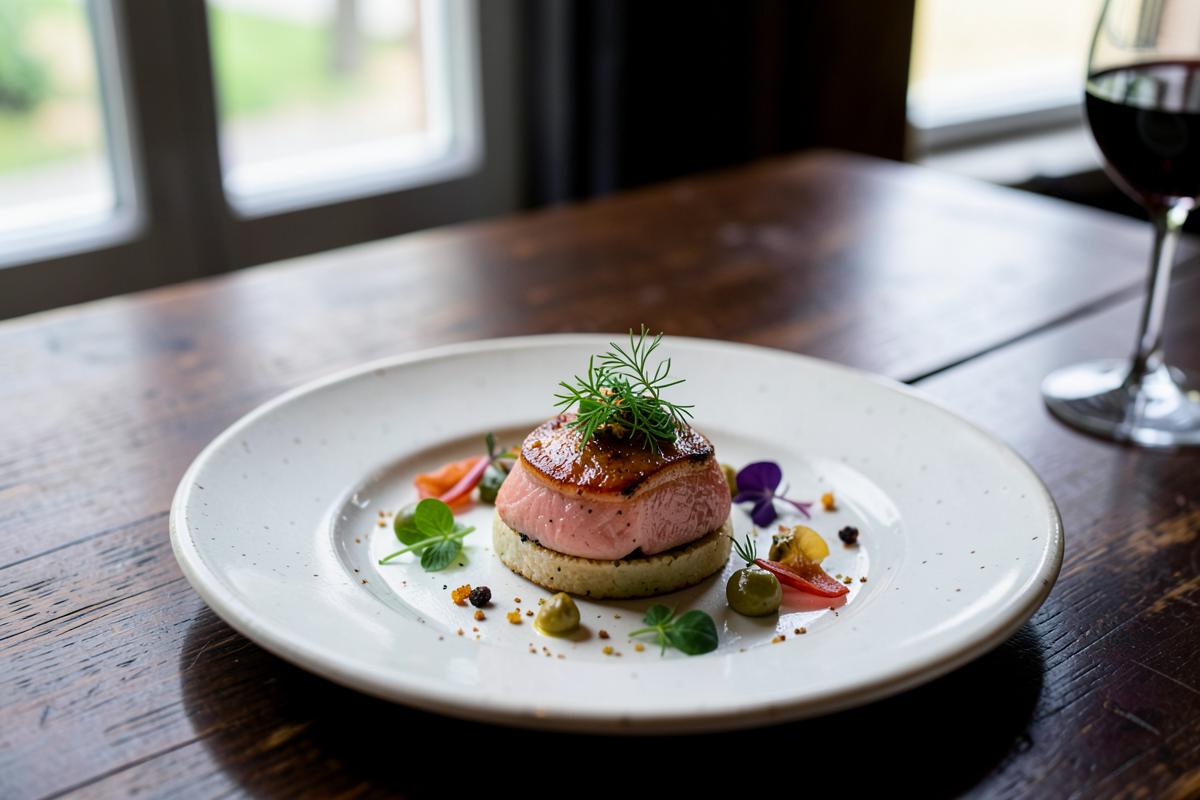 Voorgerecht van gerookte forel op een keramisch bord