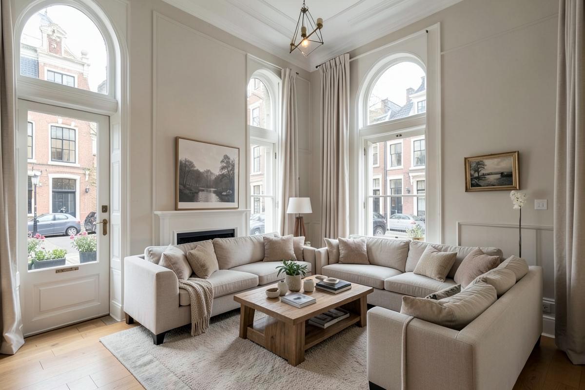 Ruime woonkamer van een herenhuis met hoge plafonds