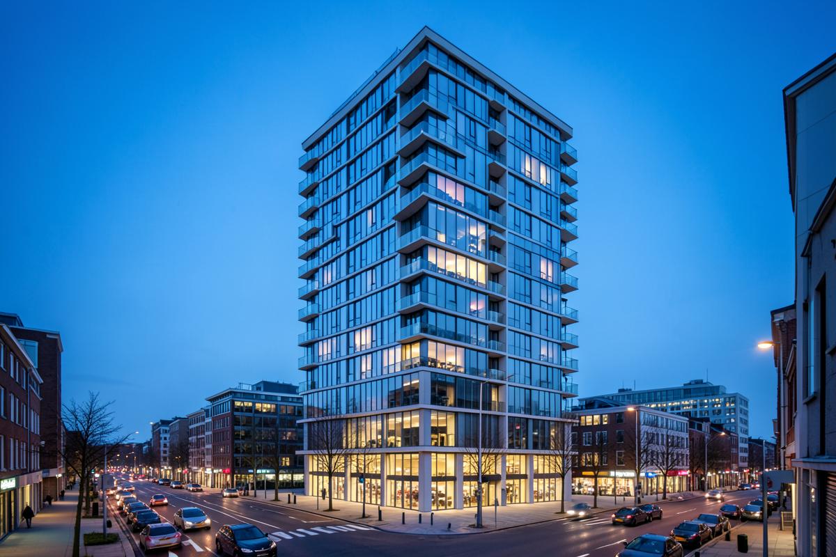 Modern appartementengebouw in de Zuidas bij avondlicht